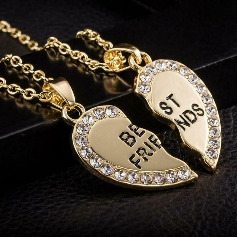 2pcs Crystal Half Love Heart Pendant Best Friends Necklace Friendship Gift Gold Adult Unisex Size One Size