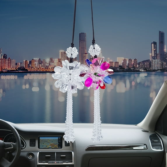 2pcs Crystal Hanging Car Decor Bling Car Accessories Car Ornaments for Rear View Mirror Fashion Tassel Craft Lucky Interior for Home Party Birthday (White + Colorful)