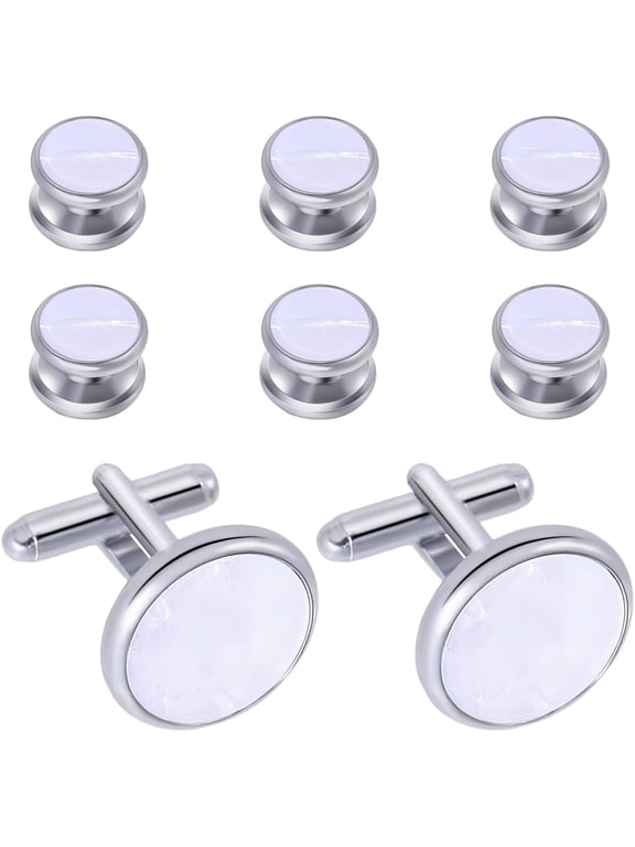 2pcs Cufflinks and 6pcs Cuff Studs Set for Men Brass with White Shell Cufflinks Tuxedo Shirt Studs Set for Regular Weeding Business Accessories