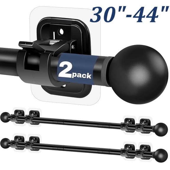 2pcs Curtain Rods No Drilling for Windows | 5/8 Inch Diameter Drapey Pole with No Drill Curtain Rod Brackets, Black, 30 to 45 Inches