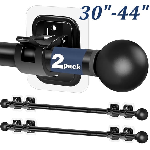 2pcs Curtain Rods No Drilling for Windows | 5/8 Inch Diameter Drapey Pole with No Drill Curtain Rod Brackets, Black, 30 to 45 Inches