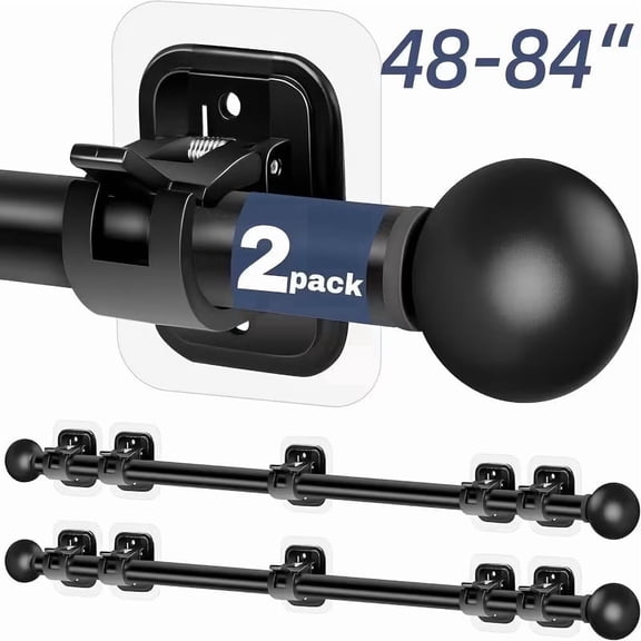 2pcs Curtain Rods No Drilling for Windows | 5/8 Inch Diameter Drapey Pole with No Drill Curtain Rod Brackets, Black, 48 to 84 Inches