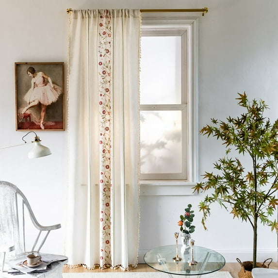 2pcs Curtains Semi-Blackout Window Curtains Cotton Linen Tassels with red Leaf 54" W x 87" L