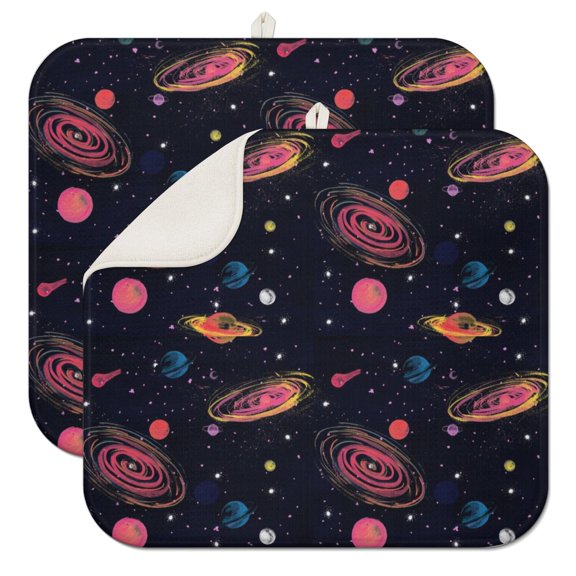 2pcs Cute Alien Print Dish Drying Mat Extra Thick 3-Layer Absorbent Pad Heat Resistant for Sci-Fi Lovers
