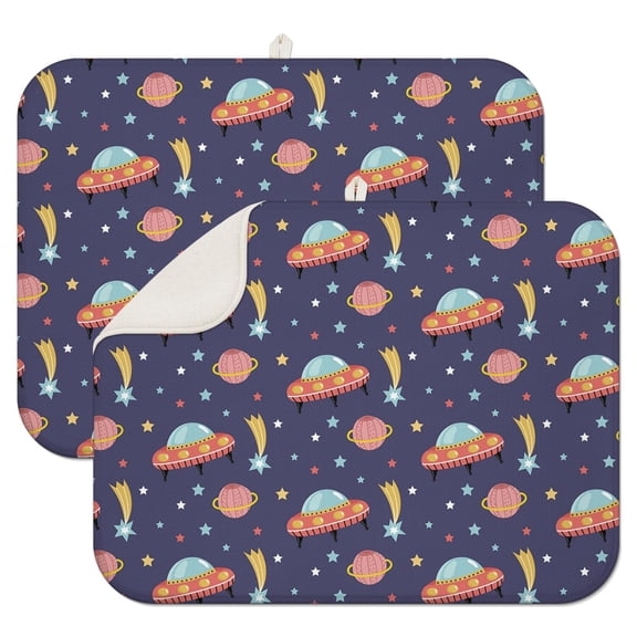 2pcs Cute Alien Print Dish Drying Mat Extra Thick 3-Layer Absorbent Pad Heat Resistant for Sci-Fi Lovers