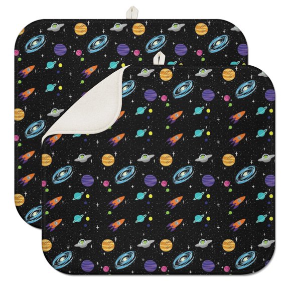 2pcs Cute Alien Print Dish Drying Mat Extra Thick 3-Layer Absorbent Pad Heat Resistant for Sci-Fi Lovers
