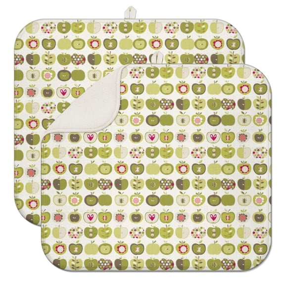 2pcs Cute Apple Print Kitchen Drying Mat, Super Absorbent Microfiber Dish Drying Pad with Cartoon Fruit Design, Heat Resistant & Foldable Countertop Mat for Apple Lovers, 16"x18"