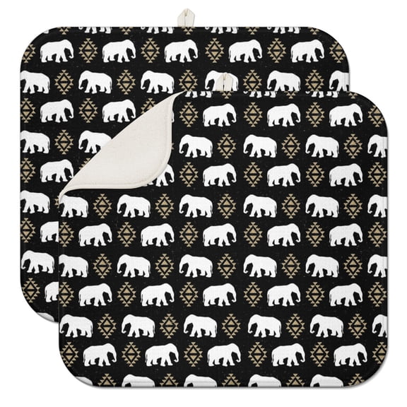 2pcs Cute Baby Elephant Drying Mats Reusable Washable Kitchen Mat with Hand-Drawn Animal Print & Hanging Loop