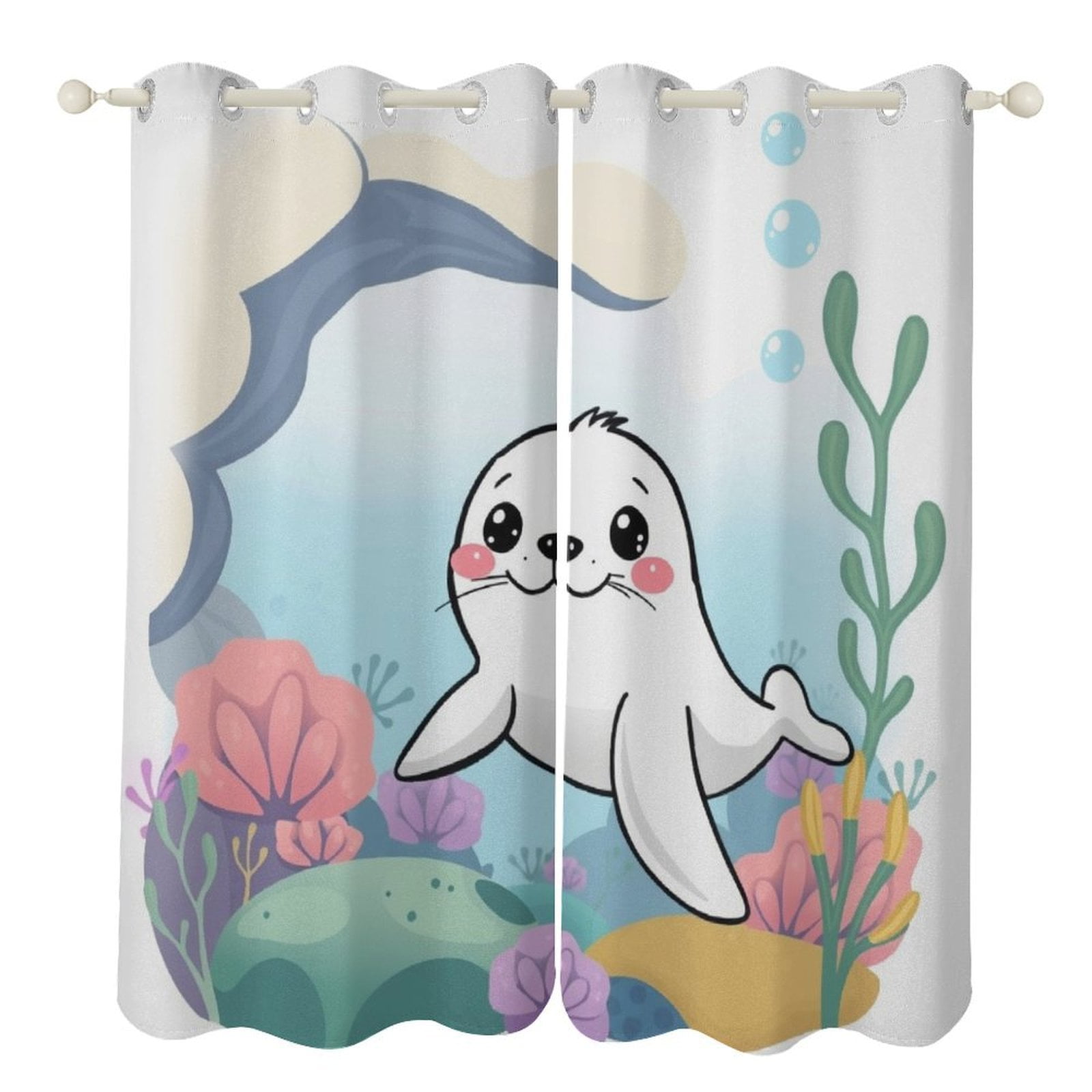 2pcs Cute Baby Seal Curtains For Living Room Grommet Top Window