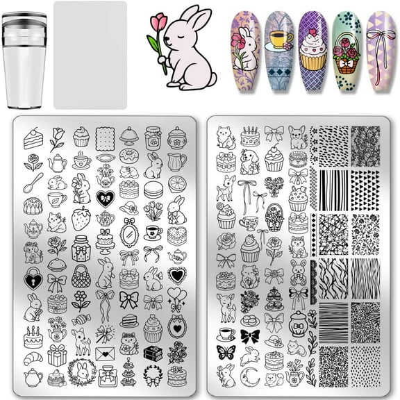 2pcs Cute Bunny Cats Nail Stamping Plates Afternoon Tea Theme Nail Art Templates Dessert Cake Manicure Art Stencils Flower Bows Nails Image Plates