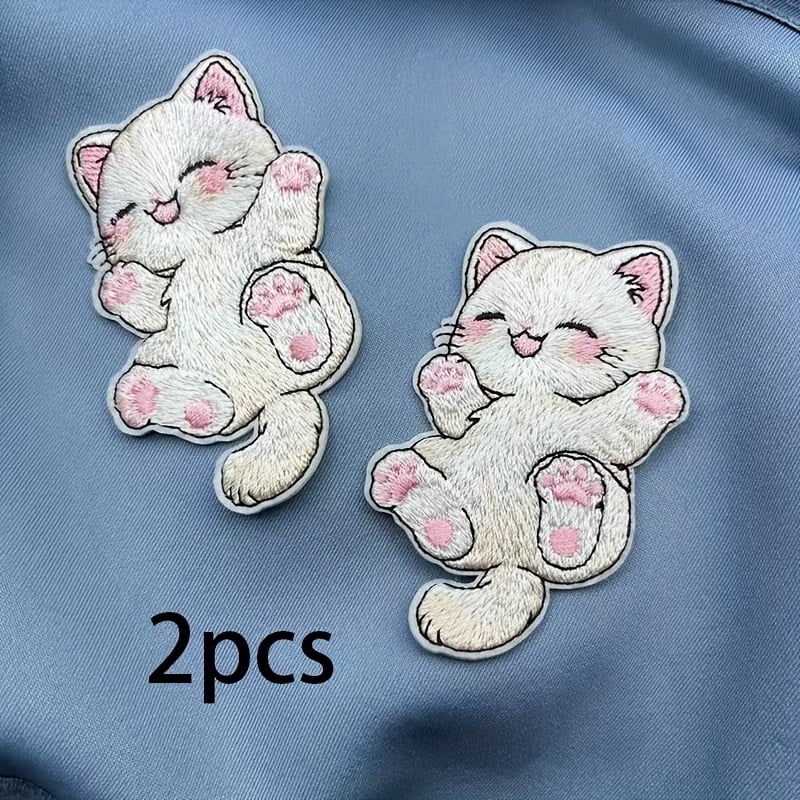 2pcs Cute Cartoon Cat Iron-On Embroidery Patches Set for DIY Decoration on Hats, Backpacks, and Clothing