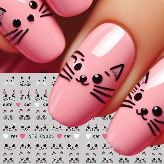 2pcs Cute Cat Theme Nail Art Stickers - Simple Black Line Cat Pattern for Fun Nail Decoration