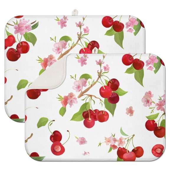 2pcs Cute Cherry Print Kitchen Drying Mat - Super Absorbent Microfiber Dish Drying Pad with Red & Pink Fruit Pattern, Heat Resistant Countertop Mat for Cherry Lovers