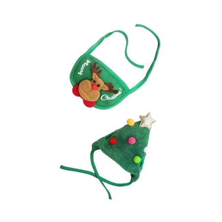 2pcs Cute Christmas Clothing Accessories Pet Costume Warm Party Decorative , Green S Hat and Green Bib