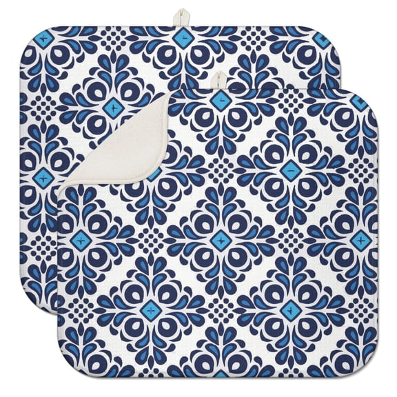 2pcs Cute Floral and watercolor Illustration Drying Mat, Waterproof Countertop Drying Pad, Quick Dry Microfiber Kitchen Mat with Hanging Loop, Rustic Design