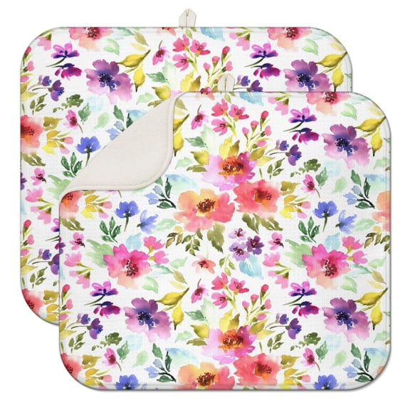 2pcs Cute Floral and watercolor Illustration Drying Mat, Waterproof Countertop Drying Pad, Quick Dry Microfiber Kitchen Mat with Hanging Loop, Rustic Design