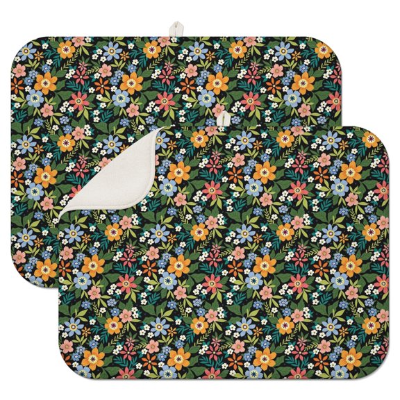 2pcs Cute Floral and watercolor Illustration Drying Mat, Waterproof Countertop Drying Pad, Quick Dry Microfiber Kitchen Mat with Hanging Loop, Rustic Design