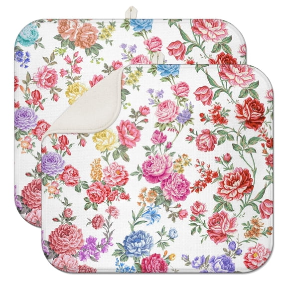 2pcs Cute Floral and watercolor Illustration Drying Mat, Waterproof Countertop Drying Pad, Quick Dry Microfiber Kitchen Mat with Hanging Loop, Rustic Design