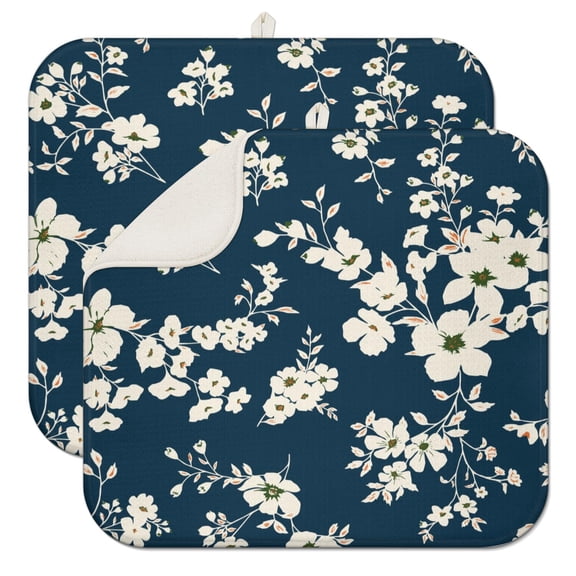 2pcs Cute Floral and watercolor Illustration Drying Mat, Waterproof Countertop Drying Pad, Quick Dry Microfiber Kitchen Mat with Hanging Loop, Rustic Design