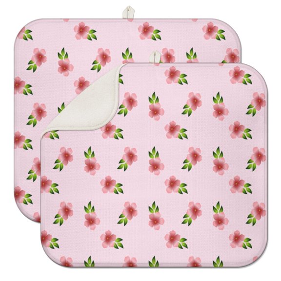 2pcs Cute Floral and watercolor Illustration Drying Mat, Waterproof Countertop Drying Pad, Quick Dry Microfiber Kitchen Mat with Hanging Loop, Rustic Design
