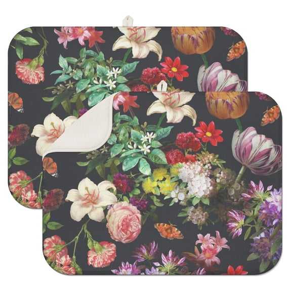 2pcs Cute Floral and watercolor Illustration Drying Mat, Waterproof Countertop Drying Pad, Quick Dry Microfiber Kitchen Mat with Hanging Loop, Rustic Design
