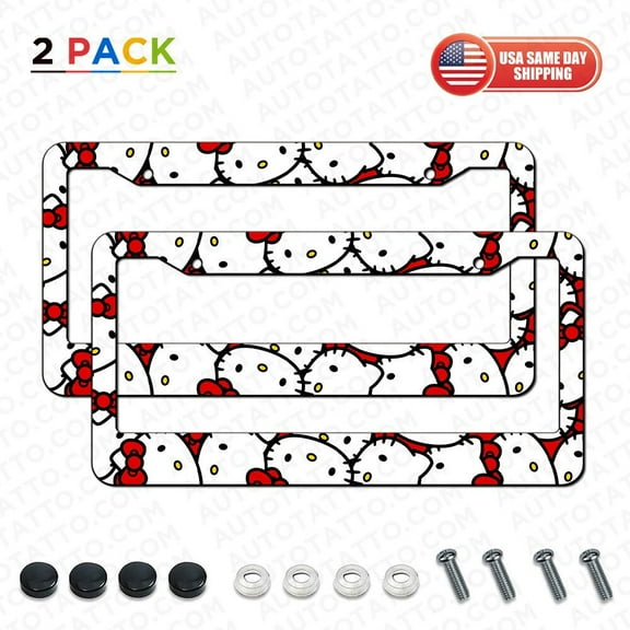 2pcs Cute Hello Kitty Cat Aluminum License Plate Frame Cover Decorate Universal