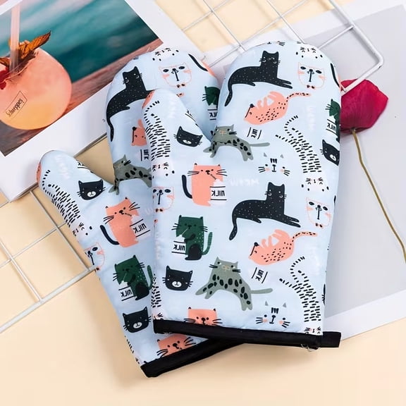 2pcs Cute Lazy Cat Thickened Polyester Gloves for Kitchen BBQ Outdoor Cooking