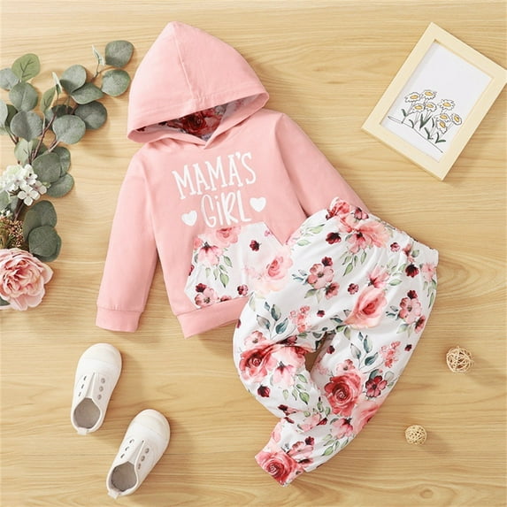 2pcs Cute Newborn Baby Girls Floral Hoodie Sweatshirt Top + Pants Outfits Set 1-4 Year Old Girl Clothes,Pink,12-18 Months