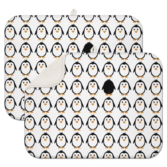 2pcs Cute Penguin & Snow Pattern Drying Mat - Absorbent 3-Layer Countertop Protector, Space-Saving Design with Hanging Loop for Small Kitchens