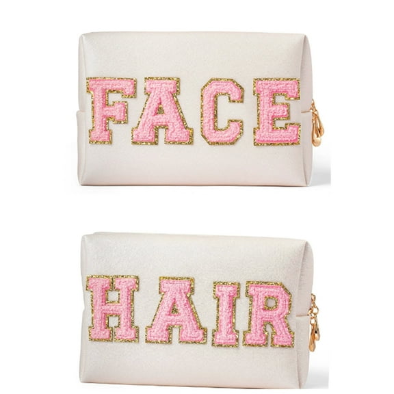 2pcs Cute Travel Makeup Bag Set, Chenille Letter Bag, Preppy Cosmetic Pouch Small Toiletry Bags, Women Birthday Gifts