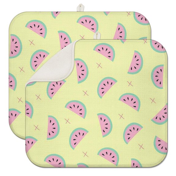 2pcs Cute Watermelon Drying Mat Super Absorbent Microfiber Dish Mat Foldable Compact for Small Kitchens Tropical Fruit Theme