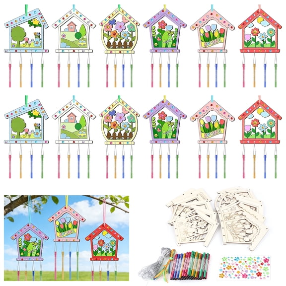 2pcs DIY Wind Chime Kit, EEEkit Wooden House Crafts Wind Chime Kit for Crafts Spring VBS Party School Birthday