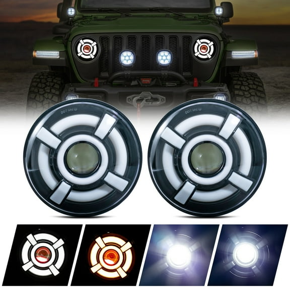 2pcs DOT/SAE 7" Inch Round 4800 Lumen Super Bright JDM Blk Housing Clear Lens LED Halo Angle Eye Projector Headlights Assembly H4 Conversion Kit Amber Turn Signal Parking White DRL High Low Beam