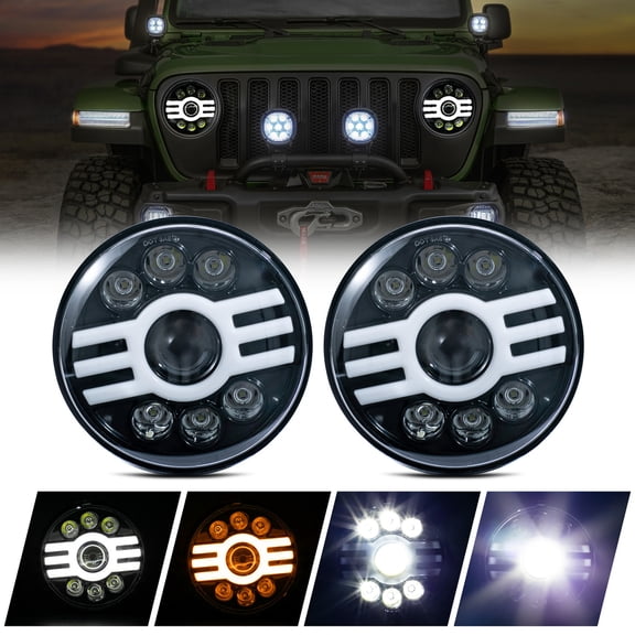 2pcs DOT/SAE 7" Inch Round Amber LED Halo Turn Signal/Parking White DRL Daytime Running Lights High/Low Beam Projector Headlights Assembly+H4/H13 Adaptors Compatible With 97-18 Wrangler TJ/LJ/JK