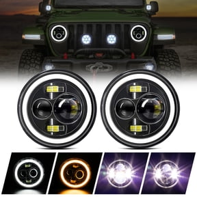 2pcs DOT/SAE 7" Inch Round Universal Sealed Beam Conversion Kit Amber LED Halo Angel Eye Turn Signal White DRL Daytime Running Lights High/Low Beam Projector Headlights Assembly+H4/H13 Adaptors