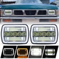 thumbnail image 1 of 2pcs DOT/SAE 7x6 5x7 Inch Rectangular Aluminum Housing Clear PC Lens Amber Halo Angle Eye Turn Signal White DRL LED High/Low Beam Head Lights Lamps Assembly w/ H4 Bulbs & Adaptors DC 12V-80V, 1 of 5