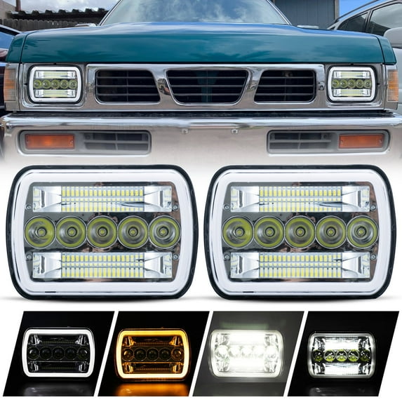 2pcs DOT/SAE 7x6 5x7 Inch Rectangular Aluminum Housing Clear PC Lens Amber Halo Angle Eye Turn Signal White DRL LED High/Low Beam Head Lights Lamps Assembly w/ H4 Bulbs & Adaptors DC 12V-80V