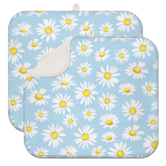 2pcs Daisy and Butterfly Design Kitchen Mat, Super Absorbent Microfiber Dish Drying Pad, Heat Resistant Countertop Mat, Boho Floral Pattern