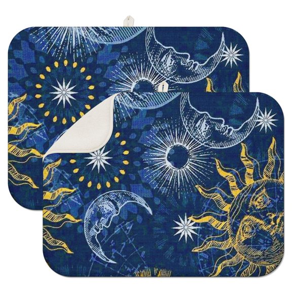 2pcs Dark Astronomy Aesthetic Kitchen Mat, 3-Layer Thick Absorbent Drying Pad for Dishes, Foldable Compact Design with Hanging Loop, Multi-Functional Counter Protector