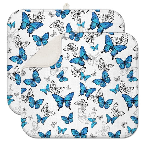 2pcs Dark Butterfly Kitchen Mat Absorbent Dish Drying Pad Moody Butterfly Print 3-Layer Thick Heat Resistant Counter Protector