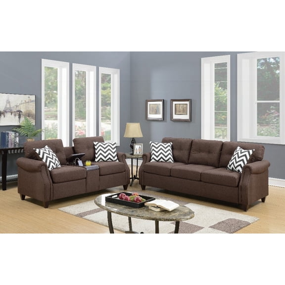 2pcs Dark Coffee Plush Polyfiber Sofa Set w Console & Pillows | Modern Living