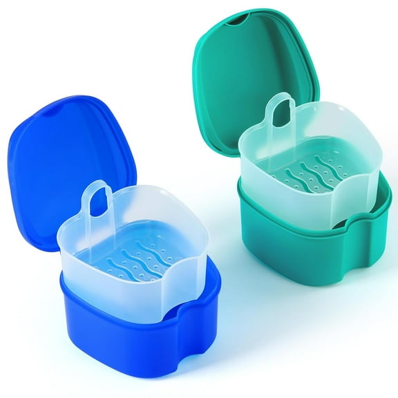 2pcs Denture Bath Case, Denture Cup for Soaking Dentures with Strainer Basket Tray for Dentures, Mouth Guard Storage Case