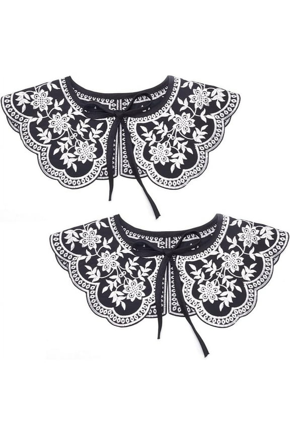 2pcs Detachable Fibre Lady's Flower Pattern Embroidered False Collars Scalloped Edge Neckline Trim Clothes Sewing Applique Edge Garment Accessories Black 1320x155x1mm
