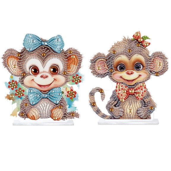 2pcs Diamond Painting Desktop Decorations, Bow Monkey 5D DIY Special Diamond Art Decoration Kit for Adults, Office Desktop or Christmas Holiday Gift