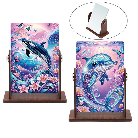 2pcs Diamond Painting Kit with Mirror Flower Sea Dolphin DIY 5D Sparkling Rhinestones with Rotatable Mirror Surface Handmade Artwork Gift