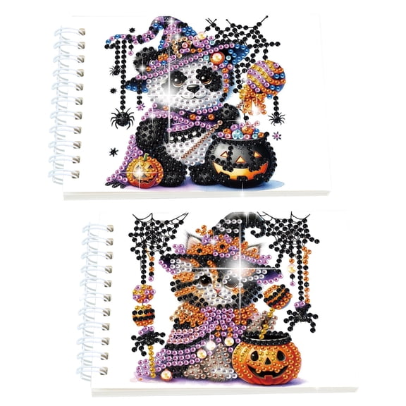 2pcs Diamond Painting Kit with Rotating Mini Sketchbook Halloween Panda DIY Art Craft Kit A5 Perfect Creative Gift