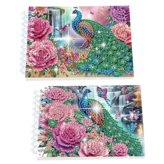 2pcs Diamond Painting Kit with Rotating Mini Sketchbook Rose Peacock DIY Art Craft Kit A5 Perfect Creative Gift