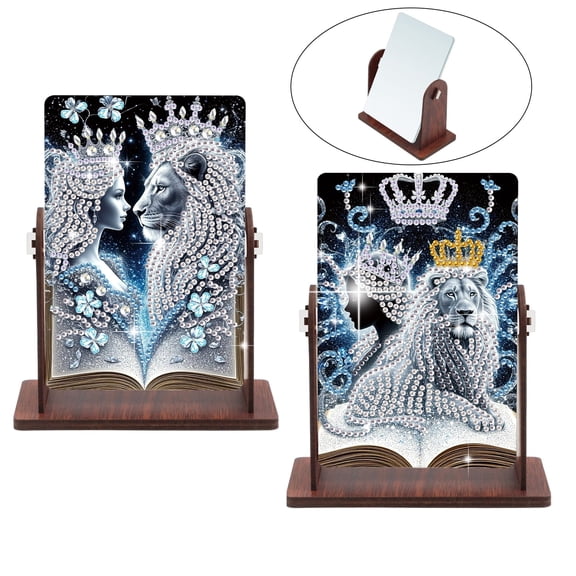 2pcs Diamond Painting Mirror Kit Lion DIY 5D Sparkling Rhinestone Rotating Mirror Handmade Artwork Gift