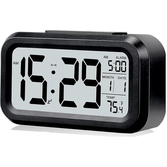 2pcs Digital Alarm Clock with Display, Desk Smart Electronic Small Clock with Indoor Temperature, Backlight, Battery Operated, for Home Bedroom Kids Office (Black)