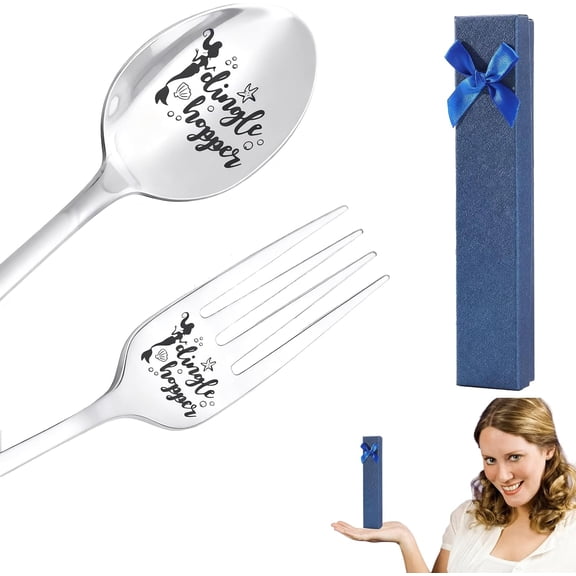 2pcs Dingle Hopper Engraved Stainless Steel Forks and spoon Funny Engraved Dessert Dinner Spoon and Forks Mermaid Lovers I Love You Gifts for Birthday Christmas Gifts